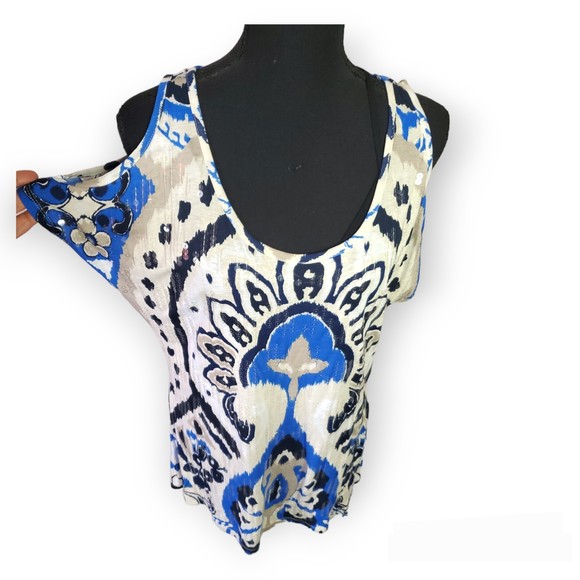 INC Sequins Ikat Cold Shoulder Top size L - Picture 5 of 9